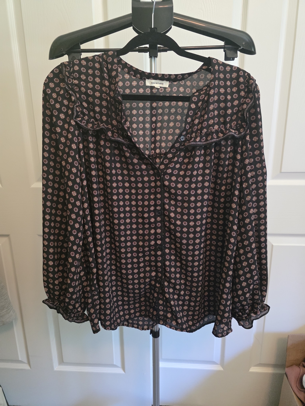 Max Studio Black Blouse with Pink Floral Medallions
